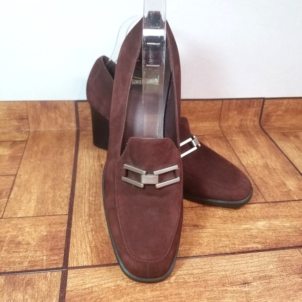 Whats What Brown Suede Loafer Block High Heel Square Toe Brushed Silver Link 8M‎